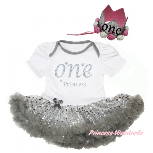 White Baby Bodysuit Bling Grey Sequins Pettiskirt & One Princess Painting & Glitter Rose Floral Grey Crown Headband JS6673