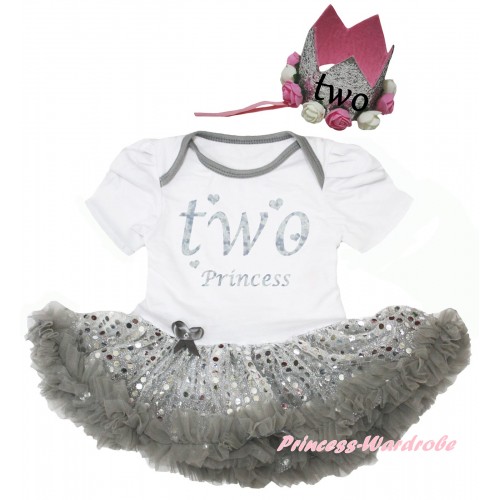 White Baby Bodysuit Bling Grey Sequins Pettiskirt & Two Princess Painting & Glitter Rose Floral Grey Crown Headband JS6674