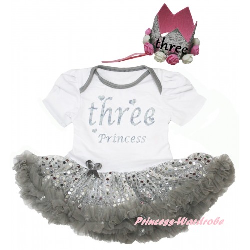 White Baby Bodysuit Bling Grey Sequins Pettiskirt & Three Princess Painting & Glitter Rose Floral Grey Crown Headband JS6675