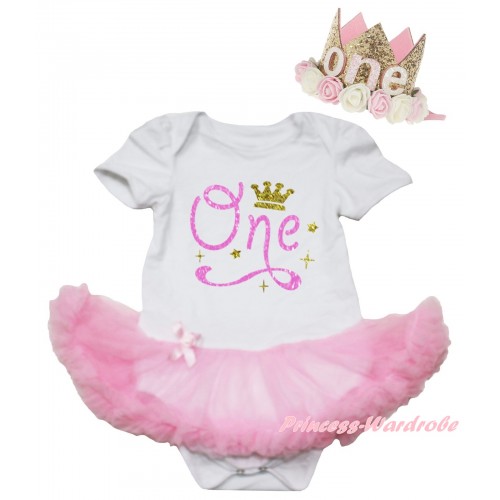 White Baby Bodysuit Light Pink Pettiskirt & Bling Birthday One Crown Painting & Glitter Rose Floral Gold Crown Headband JS6676