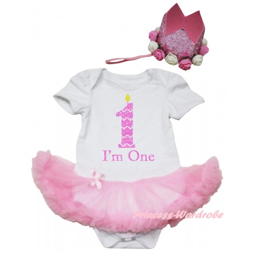 White Baby Bodysuit Light Pink Pettiskirt & I'm One Birthday Candle Painting & Glitter Rose Floral Pink Crown Headband JS6679