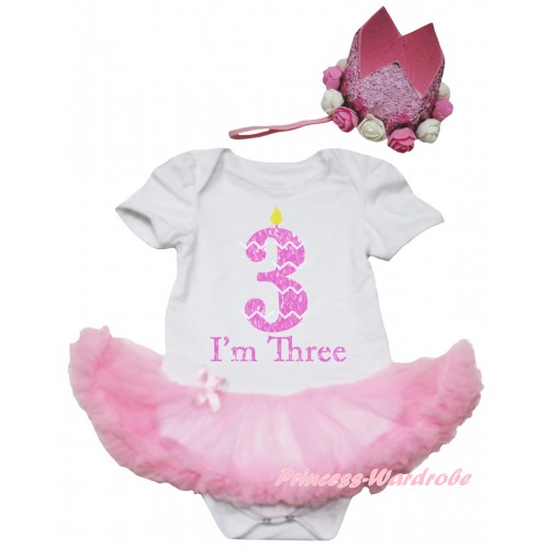 White Baby Bodysuit Light Pink Pettiskirt & I'm Three Birthday Candle Painting & Glitter Rose Floral Pink Crown Headband JS6681