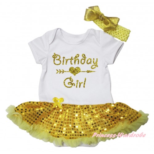 White Baby Bodysuit Bling Yellow Sequins Pettiskirt & Birthday Girl Painting JS6685