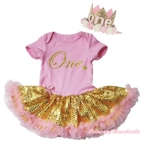 Light Pink Baby Bodysuit  Bling Gold Sequins Light Pink Pettiskirt & Birthday One Painting & Glitter Rose Floral Gold Crown Headband JS6693