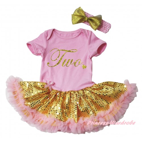 Light Pink Baby Bodysuit  Bling Gold Sequins Light Pink Pettiskirt & Birthday Two Painting JS6694