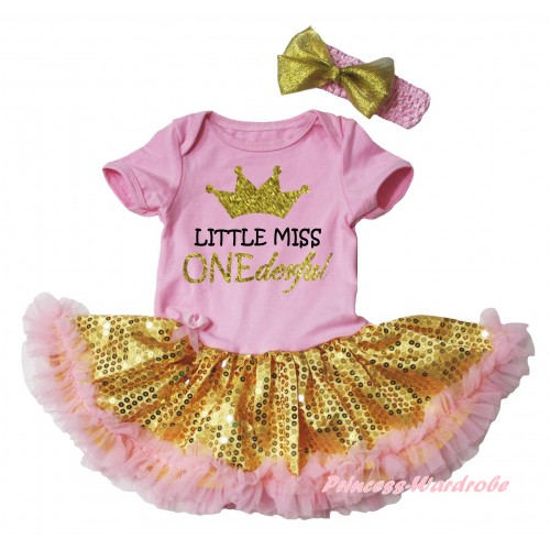 Light Pink Baby Bodysuit  Bling Gold Sequins Light Pink Pettiskirt & Little Miss ONEderful Painting JS6697