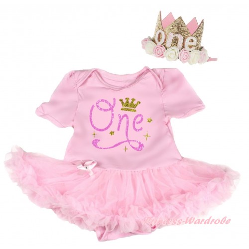 Light Pink Baby Bodysuit Jumpsuit Light Pink Pettiskirt & Bling Birthday One Crown Painting & Glitter Rose Floral Gold Crown Headband JS6705