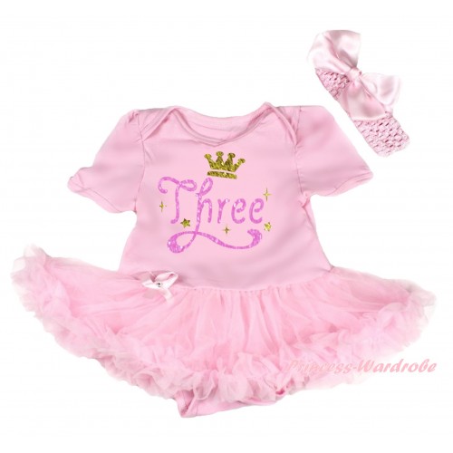 Light Pink Baby Bodysuit Jumpsuit Light Pink Pettiskirt & Bling Birthday Three Crown Painting JS6707