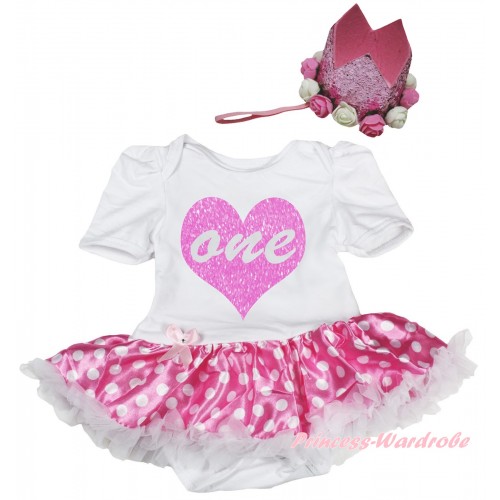 White Baby Bodysuit Hot Pink White Dots Pettiskirt & One Heart Painting & Glitter Rose Floral Pink Crown Headband JS6708