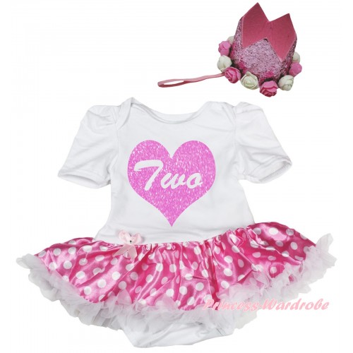 White Baby Bodysuit Hot Pink White Dots Pettiskirt & Two Heart Painting & Glitter Rose Floral Pink Crown Headband JS6709
