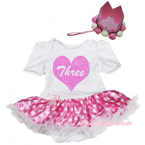 White Baby Bodysuit Hot Pink White Dots Pettiskirt & Three Heart Painting & Glitter Rose Floral Pink Crown Headband JS6710