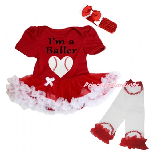 Red Baby Bodysuit Red White Pettiskirt & I'm A Baller Baseball Heart Print & Warmers Leggings JS6711