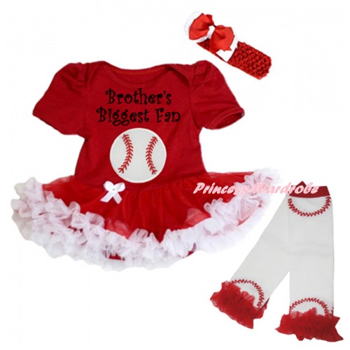 Red Baby Bodysuit Red White Pettiskirt & Brother's Biggest Fan Baseball Print & Warmers Leggings JS6712