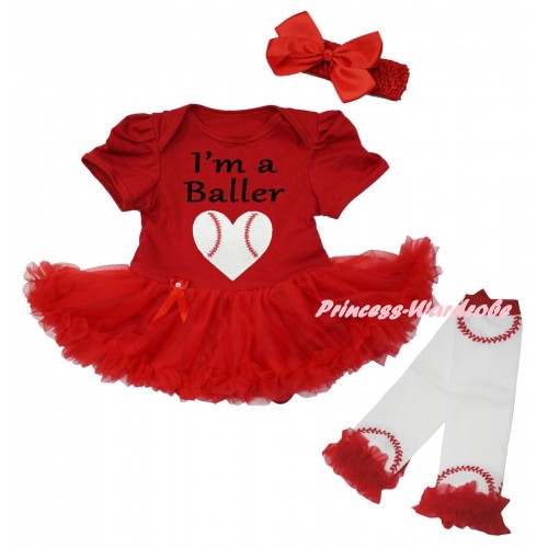 Red Baby Bodysuit Red Pettiskirt & I'm A Baller Baseball Heart Print & Warmers Leggings JS6713