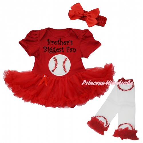 Red Baby Bodysuit Red Pettiskirt & Brother's Biggest Fan Baseball Print  & Warmers Leggings JS6714