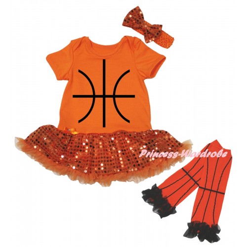 Orange Baby Bodysuit Bling Orange Sequins Pettiskirt & Basketball Painting & Warmers Leggings JS6719
