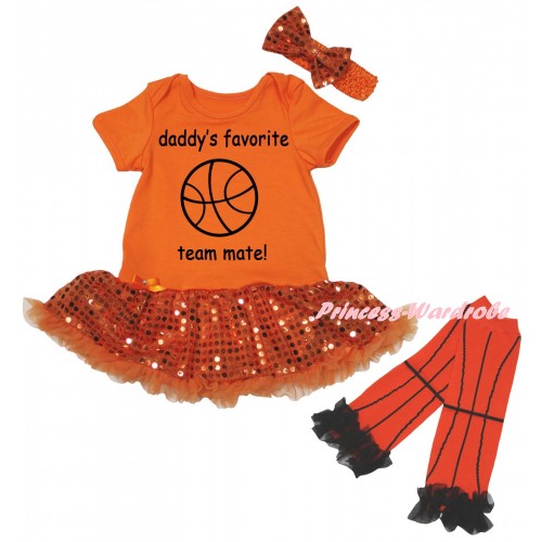 Orange Baby Bodysuit Bling Orange Sequins Pettiskirt & Daddy's Favorite Team Mate! Painting & Warmers Leggings JS6720