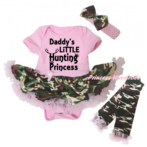 Light Pink Baby Bodysuit Light Pink Camouflage Pettiskirt & Daddy's Little Hunting Princess Painting & Warmers Leggings JS6721