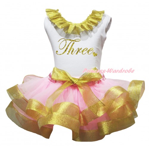 White Tank Top Sparkle Gold Lacing & Sparkle Gold Birthday Three Painting & Light Pink Sparkle Gold Trimmed Pettiskirt MG3083