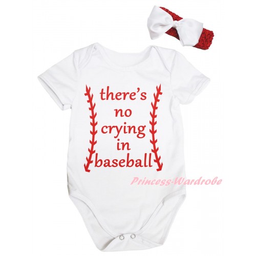 White Baby Jumpsuit & There's No Crying In Baseball Painting & Red Headband White Bow TH1001