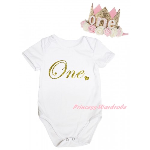 White Baby Jumpsuit & Birthday One Painting & Glitter Rose Floral Gold Crown Headband TH1007