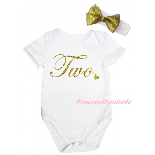 White Baby Jumpsuit & Birthday Two Painting & White Headband Gold Bow TH1008