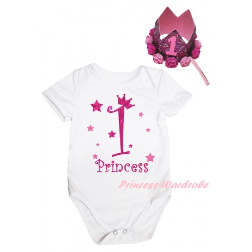 White Baby Jumpsuit & 1st Princess Painting & Glitter Rose Floral Pink Crown Headband TH1010