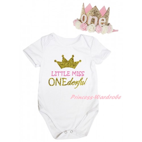 White Baby Jumpsuit & Little Miss ONEderful Painting & Glitter Rose Floral Gold Crown Headband TH1011