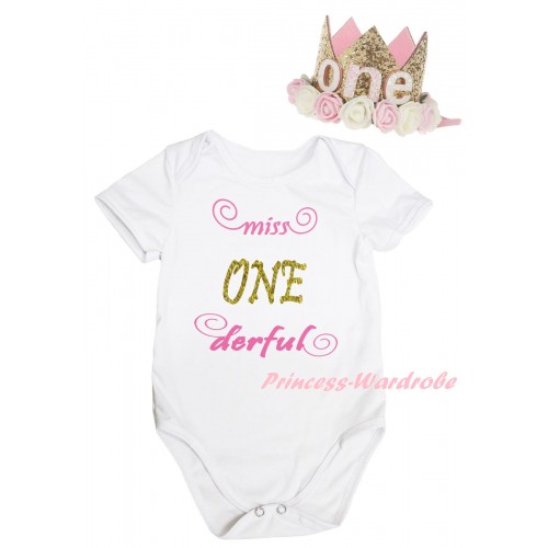 White Baby Jumpsuit & Miss ONE Derful Painting & Glitter Rose Floral Gold Crown Headband TH1012