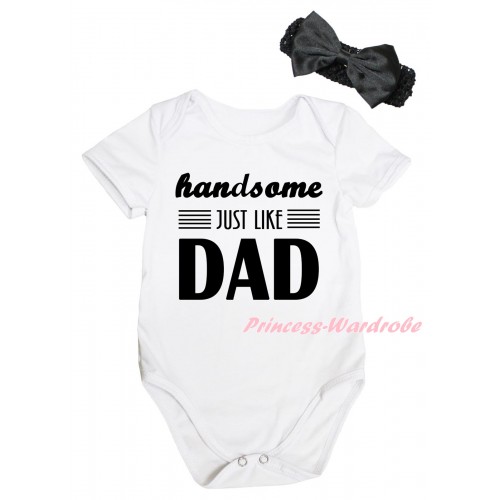 White Baby Jumpsuit & Handsome Just Like Dad Painting & Black Headband Bow TH1013
