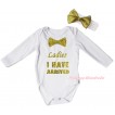 White Baby Jumpsuit & Ladies I Have Arrived Painting & White Headband Gold Bow TH1017