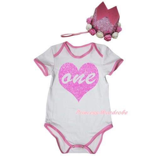 White Light Pink Piping Baby Jumpsuit & One Heart Painting & Glitter Rose Floral Pink Crown Headband TH1020