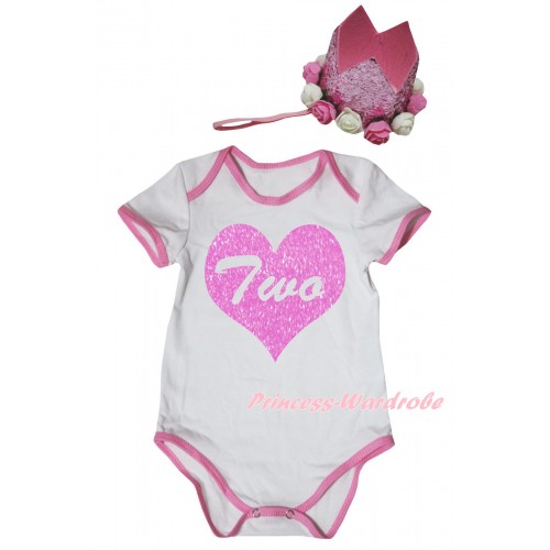 White Light Pink Piping Baby Jumpsuit & Two Heart Painting & Glitter Rose Floral Pink Crown Headband TH1021