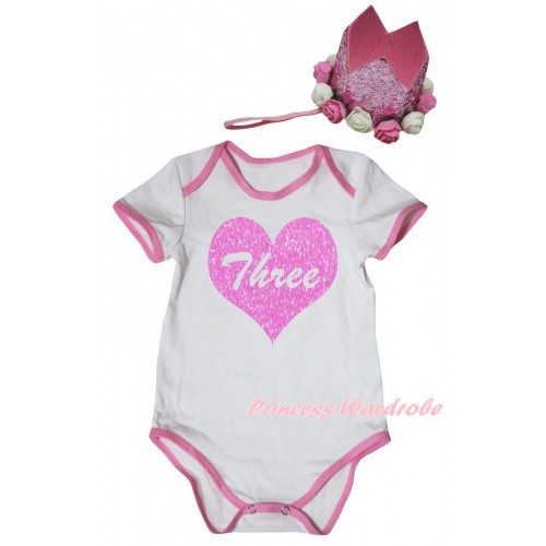 White Light Pink Piping Baby Jumpsuit & Three Heart Painting & Glitter Rose Floral Pink Crown Headband TH1022