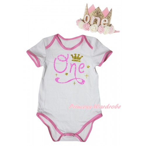 White Light Pink Piping Baby Jumpsuit & One Crown Painting & Glitter Rose Floral Gold Crown Headband TH1023