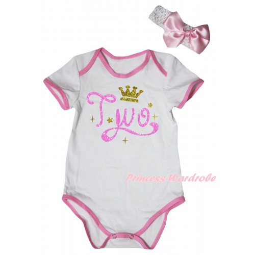 White Light Pink Piping Baby Jumpsuit & Two Crown Painting & Headband TH1024
