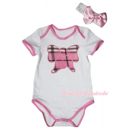 White Light Pink Piping Baby Jumpsuit & Light Pink Checked Butterfly Print & Headband TH1032