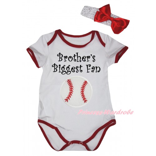 White Red Piping Baby Jumpsuit & Brother's Biggest Fan Baseball Print & Headband TH1034