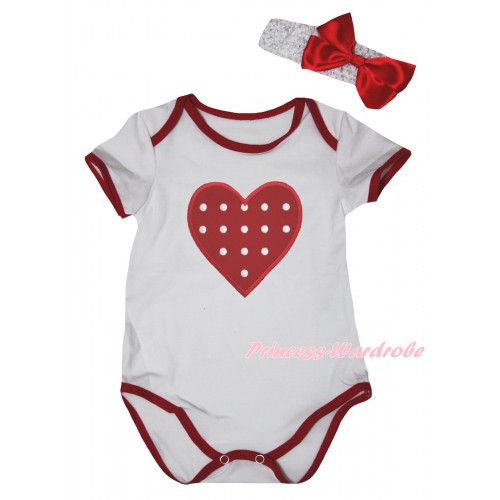 Valentine's Day White Red Piping Baby Jumpsuit & Red White Dots Heart Print & Headband TH1035