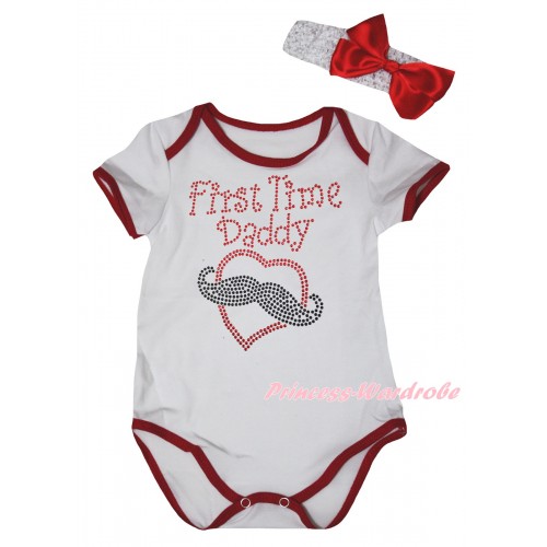 White Red Piping Baby Jumpsuit & Sparkle Rhinestone First Time Daddy Print & Headband TH1037