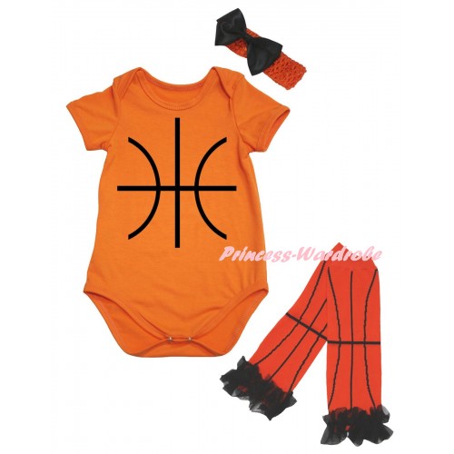 Orange Baby Jumpsuit & Basketball Painting & Orange Headband Black Bow & Black Ruffles Orange Basketball Leg Warmer Set TH1041