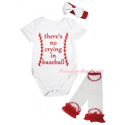 White Baby Jumpsuit & There's No Crying In Baseball Painting & Red Headband White Bow & Red Ruffles White Baseball Leg Warmer Set TH1045