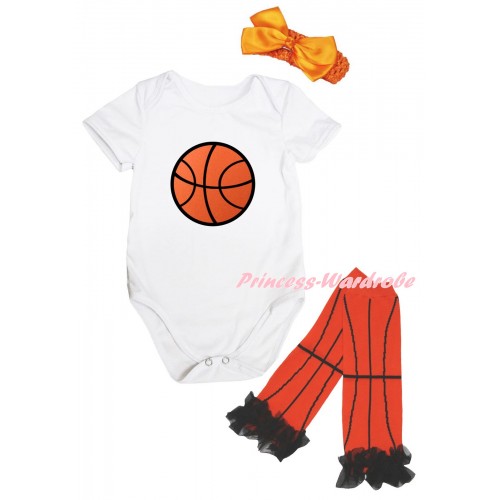 White Baby Jumpsuit & Basketball Print & Orange Headband Bow & Black Ruffles Orange Basketball Leg Warmer Set TH1046