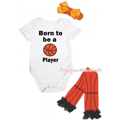 White Baby Jumpsuit & Born To Be A Basketball Player Painting & Orange Headband Bow & Black Ruffles Orange Basketball Leg Warmer Set TH1049