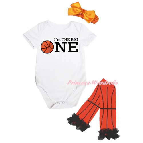 White Baby Jumpsuit & I'm The Big One Painting & Orange Headband Bow & Black Ruffles Orange Basketball Leg Warmer Set TH1050