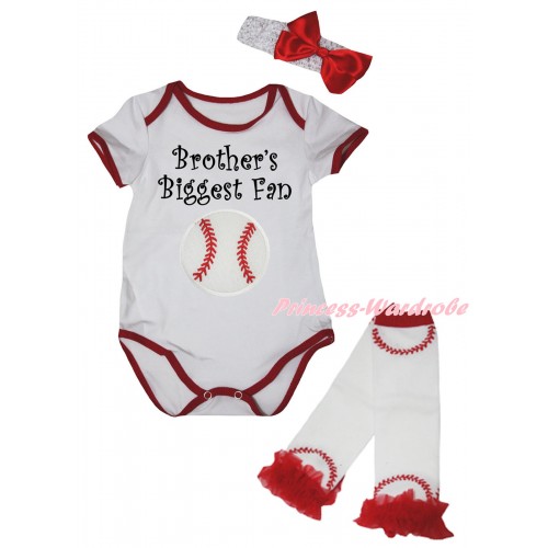 White Red Piping Baby Jumpsuit & Brother's Biggest Fan Baseball Print & Headband & Red Ruffles White Baseball Leg Warmer Set TH1051
