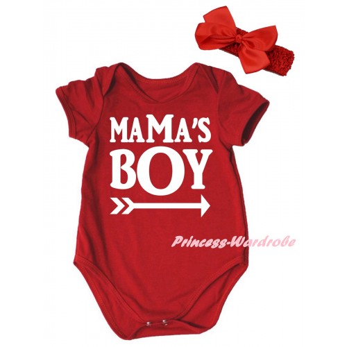 Mother's Day Red Baby Jumpsuit & Mama's Boy Painting & Red Headband Bow TH992