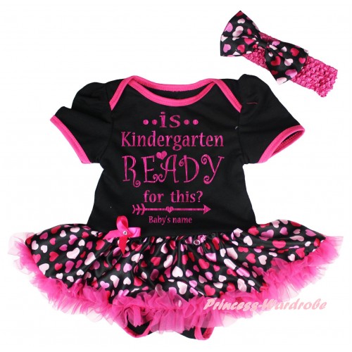 Personalized Custom Black Baby Bodysuit Hot Pink Heart Pettiskirt & Is Kindergarten Ready For This? Baby's Name Painting JS6731