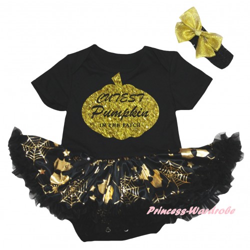 Halloween Black Baby Bodysuit Gold Ghost Spider Web Pettiskirt & Cutest Pumpkin In The Patch Painting JS6738