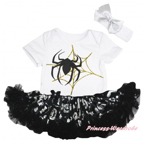 Halloween White Baby Bodysuit Silver Pumpkins Pettiskirt & Spider Web Painting JS6745